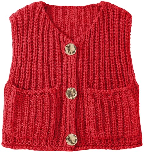 Image of UEU Womens Chunky Sweater Vest Button Down Sleeveless Cardigan V Neck Crop Crochet Knit Tops 2025 Fashion Trendy Clothes