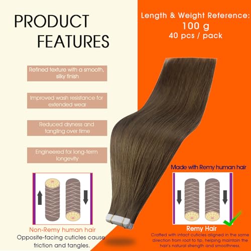 Image of Full Shine 18Inch Tape in Hair Extensions Human Hair Color 3 Brown Human Hair Extensions Tape in Seamless Invisible Skin Weft 100G Remy Soft Extension 40Pcs Brazilian Lightweight