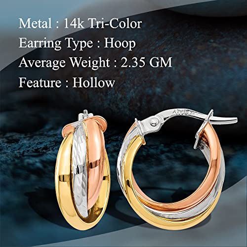 Diamond2Deal 14k Yellow Gold Tri-Color Hoop Earring (L-21 mm W-6 mm)4