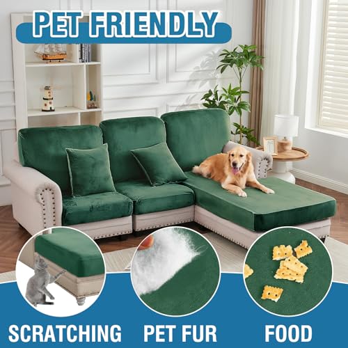 Image of Stretch Silver Fox Velvet Sectional Couch Covers - 3-Piece Sofa Cushion Covers for Left /Right L-Shaped Chaise, Soft and Comfortable Slipcovers for Sectional Sofa(2Seater+1Chaise,Christmas green)