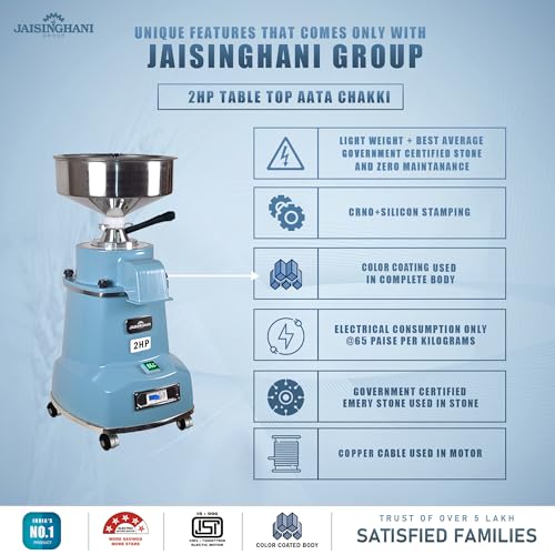 Image of Jaisinghani Group Atta Chakki 2 HP | Table Top Stone Flour Mill for Home Use | Aluminium Body Grain Grinder for Wheat, Rice, Millets, and Pulses| 8-11 Kg /Hour Grinding Capacity