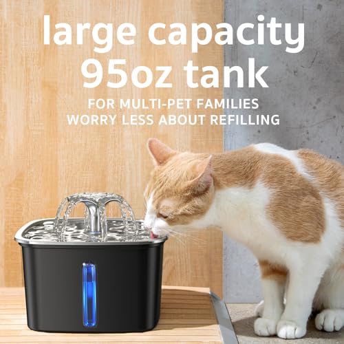 Veken Stainless Steel Cat Water Fountain, 95oz/2.8L Automatic Pet Fountain Dog Water Dispenser with Replacement Filters & Silicone Mat for Cats, Dogs (Ultra Black)