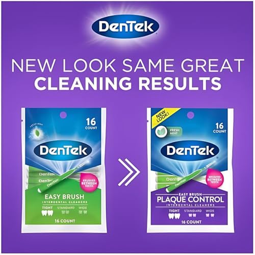 Image of DenTek Easy Brush Interdental Cleaners, Tight Between Teeth Brushes, Plaque Control, Dental Picks for Oral Care, Fresh Mint, 16 Count (Pack of 8)
