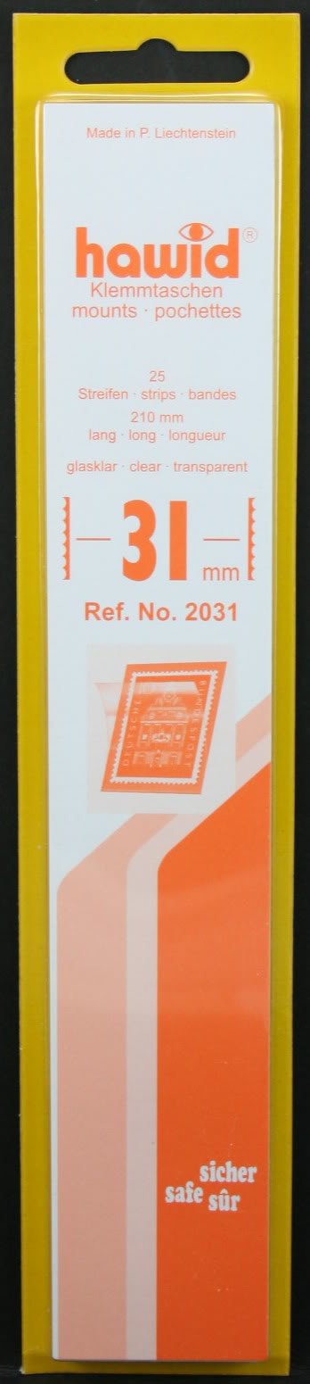 Hawid 25 210x31mm stamp mount strips. Clear.