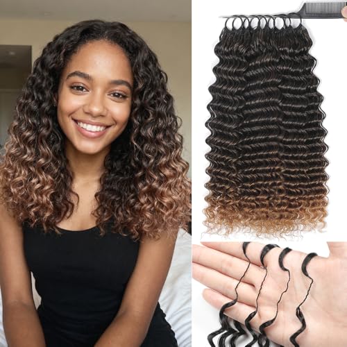 Renyarch Crochet Human Hair Bundles for Black Women 16 Pulgadas Deep Wave Feather Crochet Hair 200g 160 Hebras T30# Wet and Wavy Invisible Knotless Curly Human Extensions