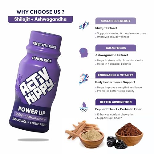 Image of ActivHippy PowerUp Himalayan Shilajit & Ashwagandha Shots | For Energy, Stamina, Muscle Endurance & Stress Relief | Ready to Drink shots | Pack of 12 X 60ml