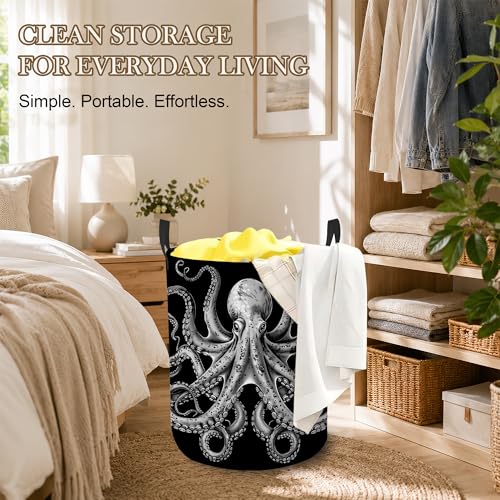 Image of Vintage Octopus Laundry Basket, Foldable Oxford Cloth Ocean Nautical Laundry Hamper with Handles, Tote Bag Clothes Storage Bucket for Laundry Room /Bathroom /Bedroom /Dormitories 20.8 inchx16 inch