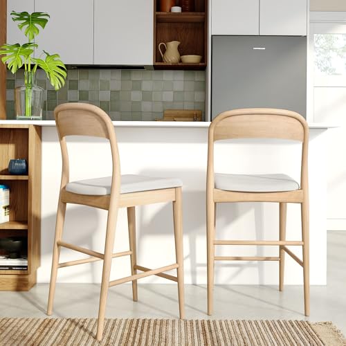 Image of Plank+Beam Loar Upholstered Counter Stool, Solid Rubberwood, Mid-Century Modern Kitchen Bar Chair, Curved Back, Low-VOC Finish, Counter Height Seating, Blonde /Sesame