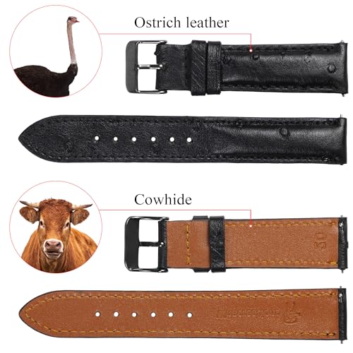 vinacreations 22mm Black Ostrich Leather Watch Band Men Quick Release Replacement Strap Extra Soft Handmade Wristband Stainless Steel Buckle, Father's Day Gift for Dad Son Husband DH-181B-22MM