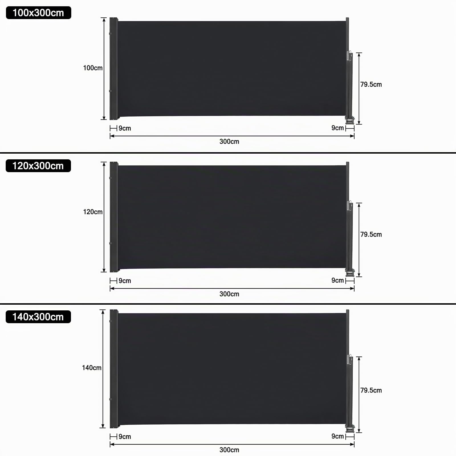 Tenda da sole laterale allungabile, protezione dai raggi UV, opaca, antivento, in poliestere, per balcone, terrazza, 100 x 300 cm, antracite