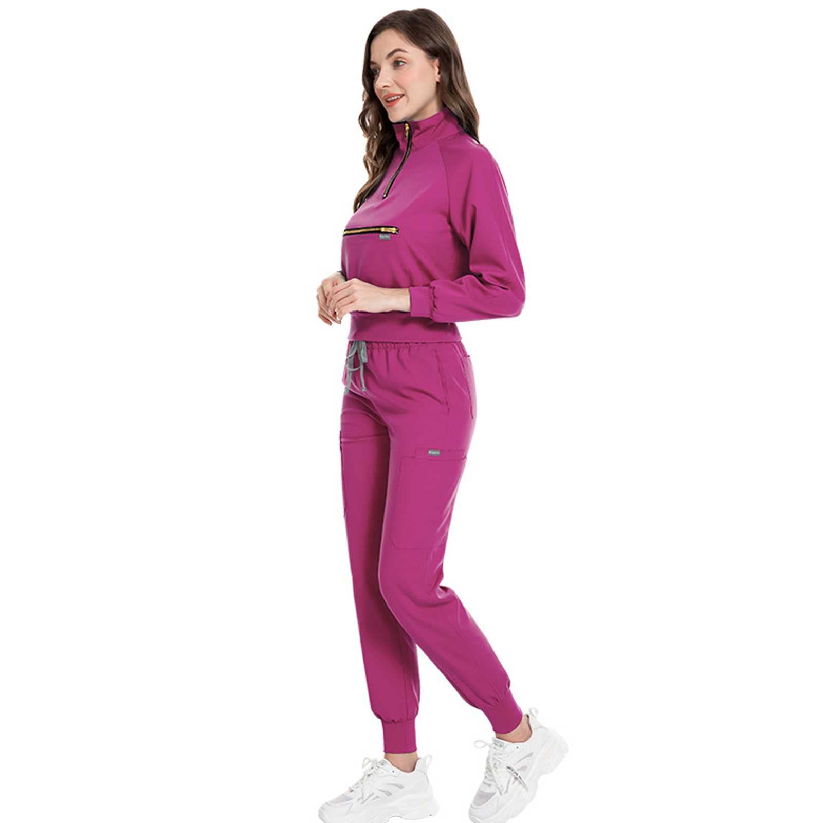 Damen Medizinische Uniform Set mit Lange Ärmel Kasack und Hose, Medical Schrubb-Set, Pflege Berufsbekleidung