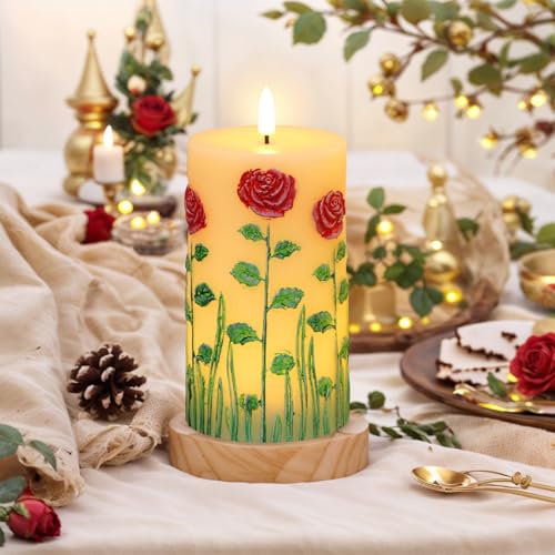 Image of Roses Flower Flameless Candles Battery Operated with 6 Hour Timer 3D Wick Flickering LED Pillar Candles Real Wax Hand-Painted Dinner Christmas Holiday Decor(2 Pack, 3 inch D x 6.5 inch H)