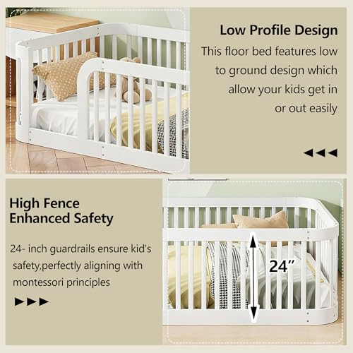 Image of Bellemave Twin Size Floor Bed Frame with High Fence,Solid Wood Kids Montessori Floor Bed Twin Size for Kids Girls Boys,Rounded Corner Design,White