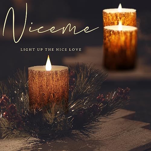 Image of NICEME LED Pine Bark Flameless Candles Set of 3 Real Wax Battery Operated Candles Flickering Teardrop Wick Electric Decorative Pillar Bark Candles with Remote Timer, D3 x H4 5 inch 6 inch