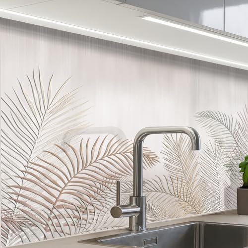 KitchenYeah© Paraschizzi Cucina Adesivo 60x80 cm Pannello Parete Paraspruzzi Pannelli Retro Foglie - Beige - Botanico - Vintage