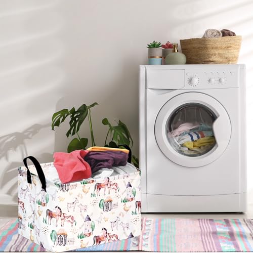 Image of Storage Basket Home Shelf Basket Organizer Box Clothes Laundry Hamper Nursery Bin Gift Laundry Basket with Handles Rectangle Farm Pattern for Home