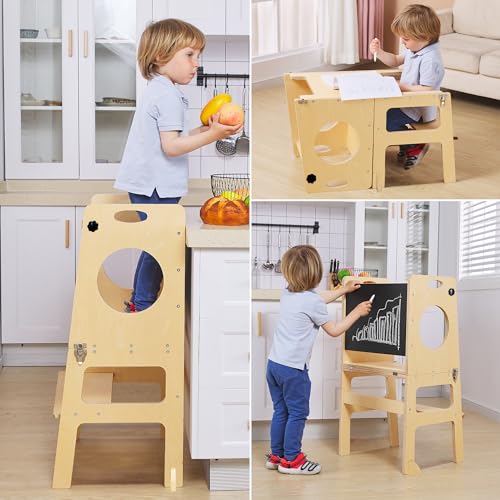 Image of Foldable 4-in-1 Study Tower with Chalkboard for Learning, Montessori Kitchen Step Stool Toddlers Folding Stool for Kids 1-6years Ideal Helper