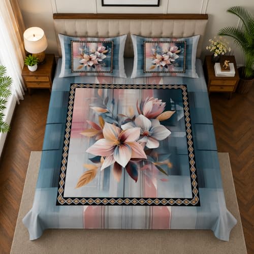 Image of 7D Digital Printed King Size Bedsheet with 2 Pillow Covers | Soft Premium Cotton Feel Microfiber Double Bed Bedsheet |Breathable,Wrinkle Free & Fade Resistant|(MultiFloral,KingSize-225x250CM)