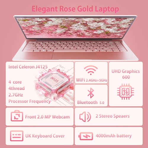 Image of 14 inch LaptopIPS FHD-Laptop,Celeron J4105 CPU (Up to 2.5Ghz),4 Core PC Computer,1920 * 1080,MS Office 2019 Pink Laptops(Rose Gold, 8GB+128GB SSD)