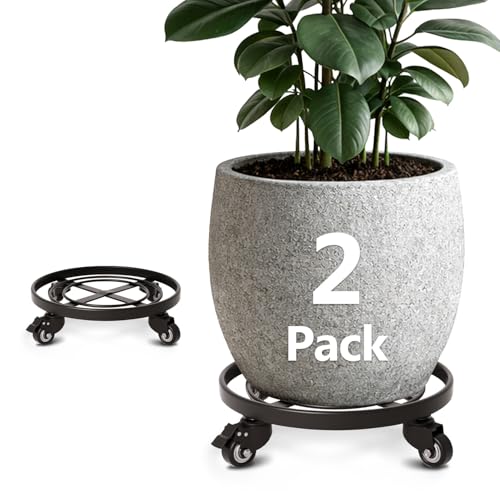 AMAGABELI GARDEN & HOME Plant Caddy with Wheels Heavy Duty 14“ 2 Pack Rolling Plant Stand Plant Dolly Iron Wheeled Lockable Casters Round Pot Mover Rollers Indoor Outdoor Planter Trolley Metal