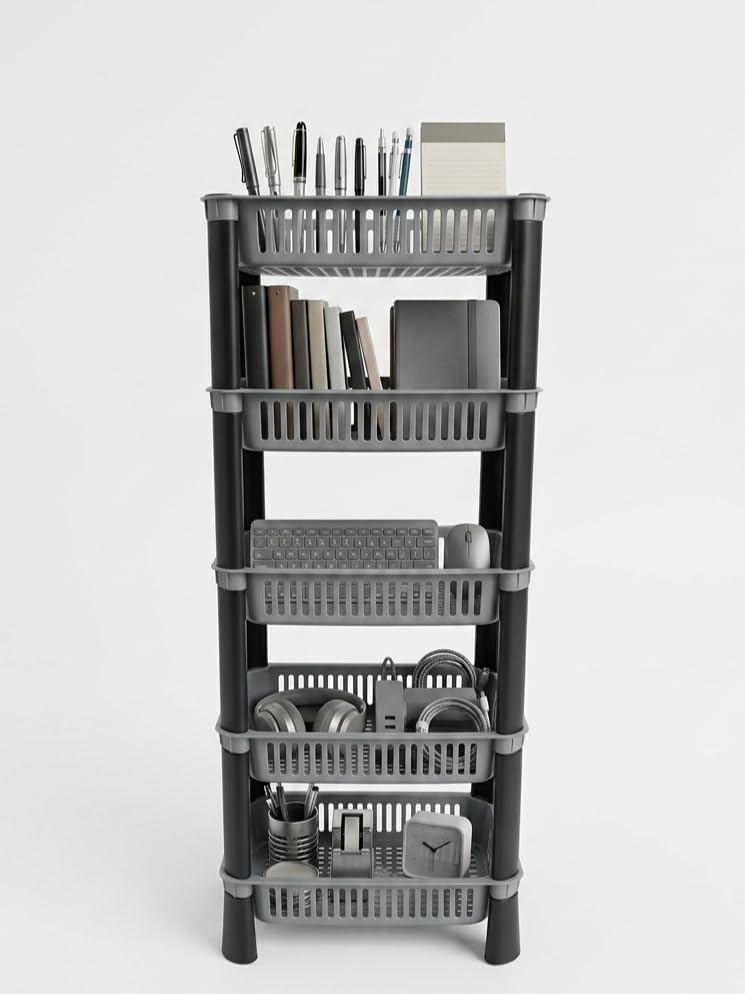 Image of U-Max Multi Tire Kitchen Storage Rack, Plastic Utility Shelf Organiser, Space Saving Storage Solution, Revolving Vegetable Rack (Silver-Regular, 5)