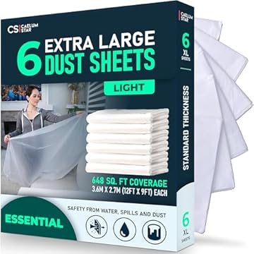 CS 6 Pack Extra Large Plastic Dust Sheets for Decorating 3.6 x 2.7m (12 x 9ft), Plastic Paint Sheets for Painting & Furniture, Dust Cover Plastic Sheeting Clear Plastic Sheet Decorating Sheets