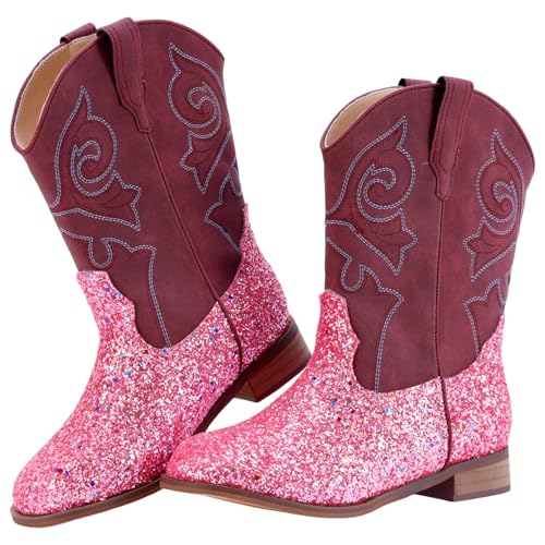 RLW Girls Cowboy Boots Kids Cowgirl Western Boot Glitter Round Toe with Walking Heel for Toddler/Little Kid/Big Kid, Sequins Pink 5 Big Kid
