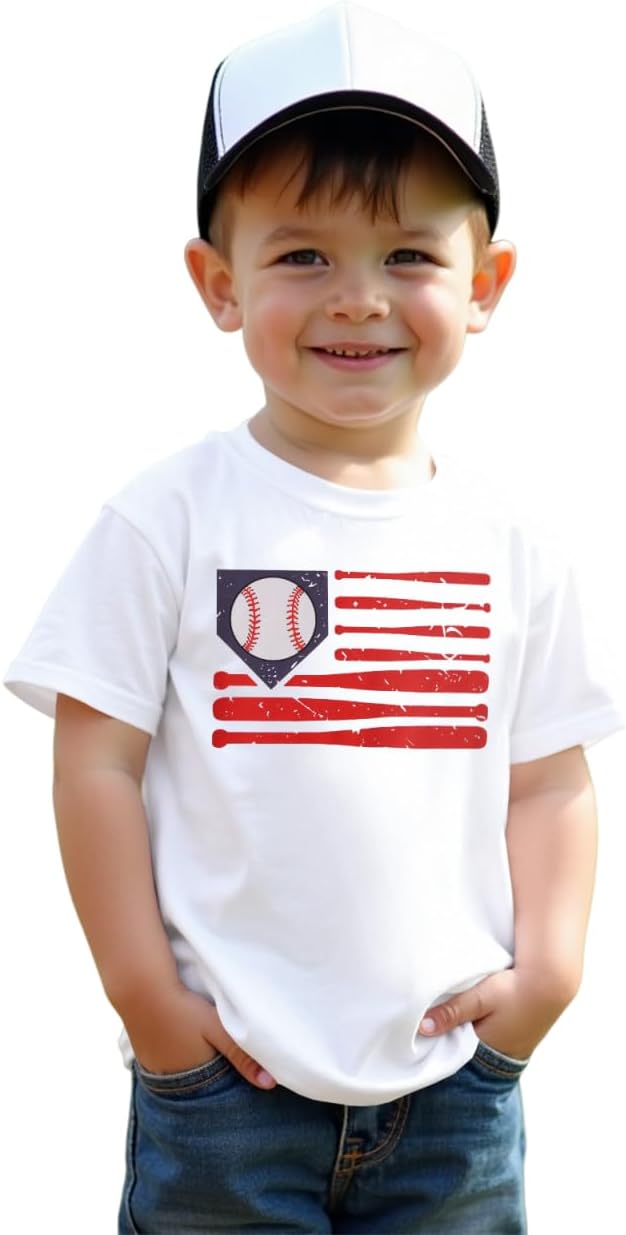 MODNTOGA Toddler Boy Baseball Shirt Baseball Bat Flag Print T-Shirt Short Sleeve Sports Fans Tee USA Patriotic Summer Tops