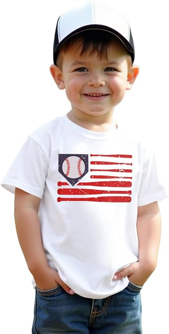 MODNTOGA Toddler Boy Baseball Shirt Baseball Bat Flag Print T-Shirt Short Sleeve Sports Fans Tee USA Patriotic Summer Tops