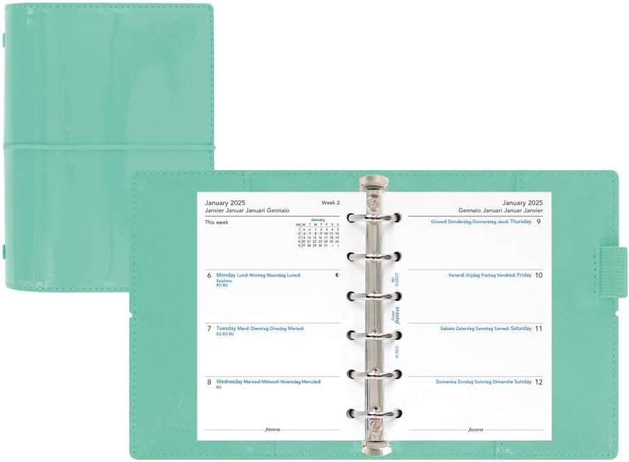 Filofax Domino Patent Organizer, Pocket Size, Turquoise - High-Gloss, Contemporary, Six Rings, Week-to-View Calendar Diary, Multilingual, 2025 (C022513-25)