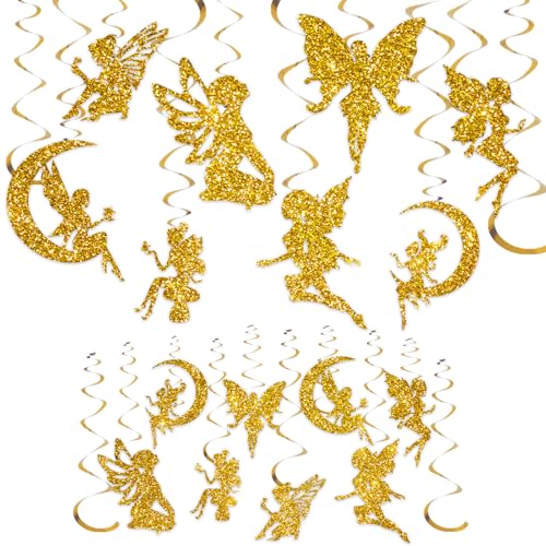 JarThenaAMCS 32Pcs Fairy Hanging Swirl Decoration Gold Glitter Butterfly Fairy Ceiling Spiral Streamer Ornaments for Girls First Birthday Baby Shower Party