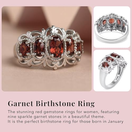 5 Stone Garnet Rings for Women in Platinum Plating - January Birthstone Promise Ring Engagement Rings for Women Vintage Fashion Gemstone Red Garnet Jewelry Birthday Gifts for Womens4