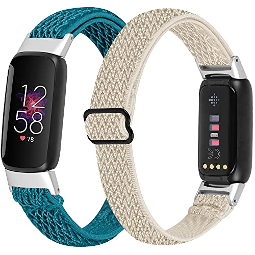 Telabranx Bands Compatible with Fitbit Luxe/Luxe SE, Elastic Stretchable Nylon Woven Adjustable Breathable Cotton Braided Replacement Strap Bracelet for Fitbit Luxe for Women (Blue Apricot)
