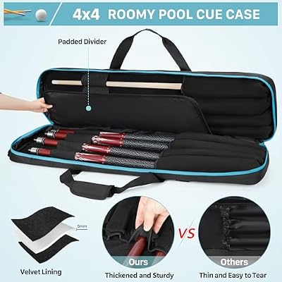 GOBUROS 4x4 Pool Cue Case Hold Up to 4 Butts and 4 Shafts, Pool Stick Carrying Case with Front Accessories Pockets, Billiard Cue Cases with Shoulder Straps