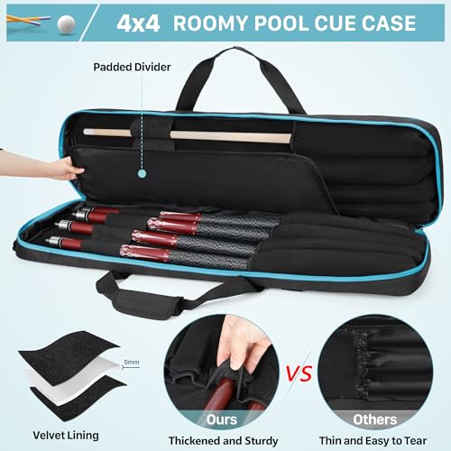 GOBUROS 4x4 Pool Cue Case Hold Up to 4 Butts and 4 Shafts, Pool Stick Carrying Case with Front Accessories Pockets, Billiard Cue Cases with Shoulder Straps by GOBUROS - Image 3