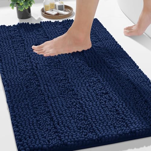 Image of Yimobra Bathroom Rug Mat 24 x 17, Non Slip and Super Absorbent Bath Mat,Machine Washable Quick Dry,Ultra Plush Chenille Shower Rugs for Bathroom Floor Sink Tub and Shower Outside,Navy Blue