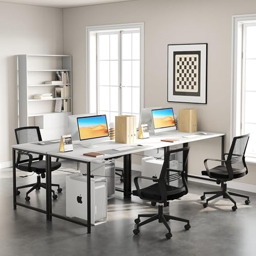 Image of Modern Wooden Computer Desk Home Office Study Desk with Metal Frame, Minimalist Writing Desk Laptop PC Workstation Table for Home Office Study Room Bedroom (White)
