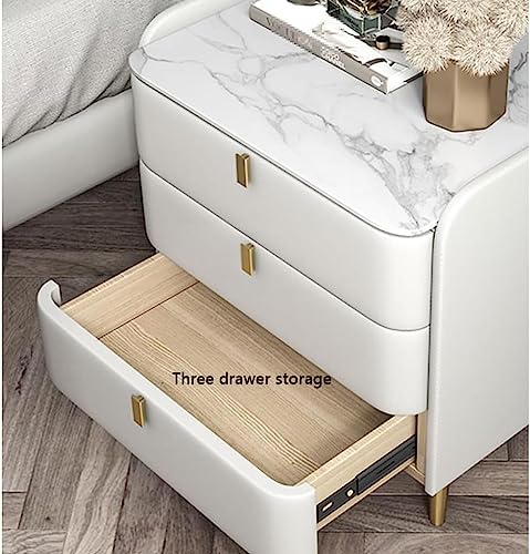 Mid Century Modern Nightstand Faux Leather Bedside Table with Marble Top 3 Drawer Wood Cabinet Stylish Black & White Bedroom Furniture 19.7" x 15.7" x 27.2" - Image 7