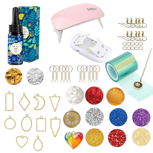 exploralearn 25gm UV Resin Jewellery Making Set for Beginners | Includes 10 in 1 Embossed Bezels Set, Curing Light, UV Tape,10 Key Chain,10 Earring Hoops,6 Glitters,3 Mica & 2 Flakes for Jewellery