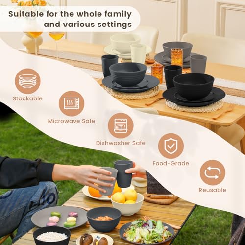 Image of Homienly Wheat Straw Dinnerware Set - Dinner Plates, Cereal Bowls, Drinking Cups Set, Unbreakable 16 PCS Dish Set, Microwave and Dishwasher Safe Dishes for Home, Outdoor - Grey Stone