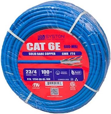 Syston Cable Technology Cat6e Ethernet Internet Bulk Cable - 100 FT，600MHz 23AWG Solid Copper Wire Outdoor/Indoor Suit, No Ends 10 FT to 1000 FT Available, Heat Resistant Riser Rated - CMR