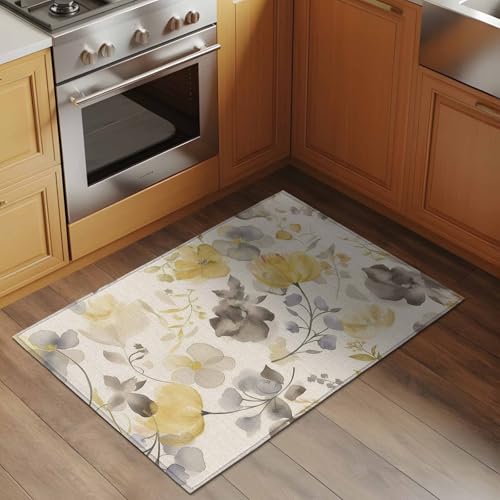 Tapete decorativo floral amarillo gris 2x3 lavable miniatura 4