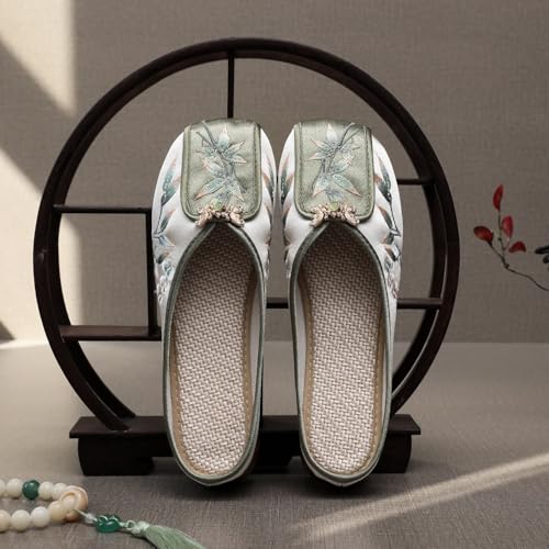 Satin Flower Embroidered Flats Slippers Women's Chinese Traditional Ancient Style Hanfu Shoes Casual Lightweight Closed-toe ls To Match Cheongsam(Green,6 UK) (Green 3.5 UK)2