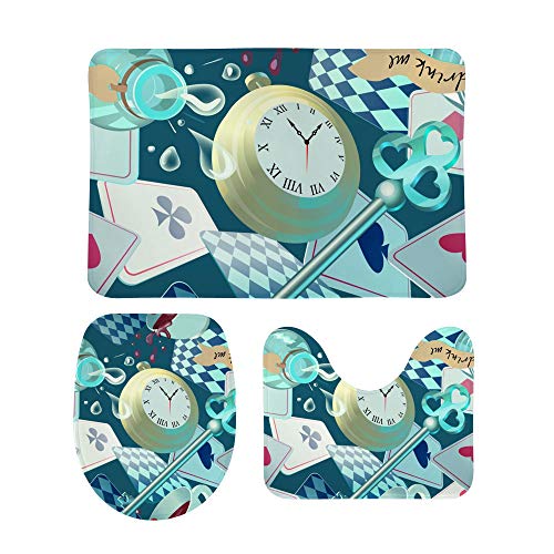 Kuizee Bath Rug Set 3 Piece ?Wonderland Pocket Watch Key Batroom Rugs Non-Slip Mat U-Shaped Contour Rug O-Shaped Toilet Lid Water Absorbent Cover Coral Velvet
