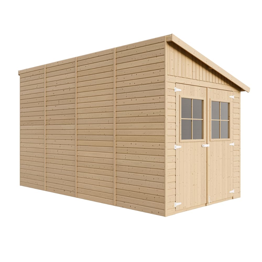 Abri de Jardin en Bois Naturel(avec paroi latérale) Plus Les PLANCHERS IMPRÉGNÉ- Stockage extérieur avec fenêtres- H244x218x416 cm/​8 m2- Atelier Rangement Outils et vélos- TIMBELA M340A+​M340G