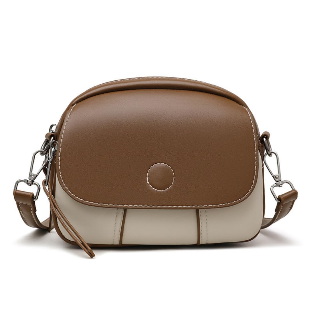 Small Crossbody Handbag, Two-Tone Brown and Beige, 3 zipper compartments Vegan Leather Shoulder Bag with Adjustable Strap-image-15