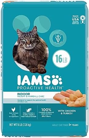 IAMS PROACTIVE HEALTH Adult Indoor Weight Control & Hairball Care Dry Cat Food with Chicken & Turkey Cat Kibble, 16 lb. Bag