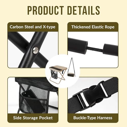 Image of Portable Folding Stool - 12 inch Tall Collapsible Backpack Stool with Storage Pouch, Hands-Free Carry & Supports 300 lbs, Ultralight for Hiking, Fishing, Camping, Festivals (Khaki, Standard)