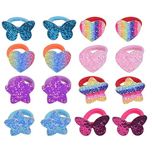 AvoDovA 16 Pcs Glitter Hair Ties for Kids Girls, 20mm Elastic Hair Ties, Small Rainbow Rubber Hair Bands with Cute Heart