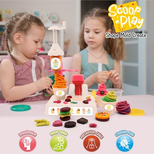 Image of Chanak Toys Play Dough Ice Cream Maker Set, Safe Non-Toxic Dough Ice Cream Maker Including 6 Color Dough Tubes Each 50g + 1(100gm) for Boys Girls, Above 3+ Age (White)
